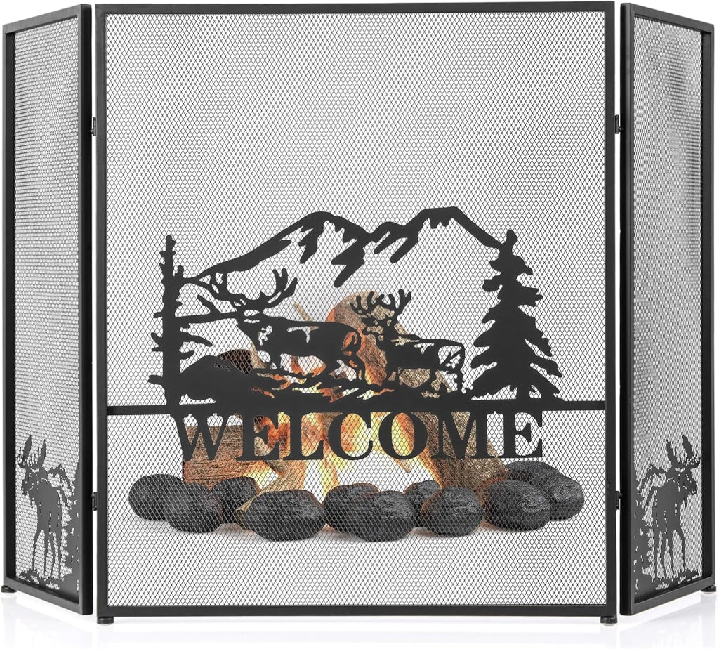 Parascintille per Camino 132 x 79 cm, Paraschizzi Camino Pieghevole a 3 Pannelli con Motivo Bello, Barriera Protettiva Robusta in Metallo per Camino (Stile 1)