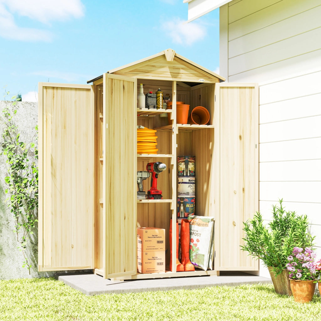 Armadio da Giardino 93x53x168 cm a 3 Ante con 4 Ripiani e Ganci in Legno di Abete Naturale