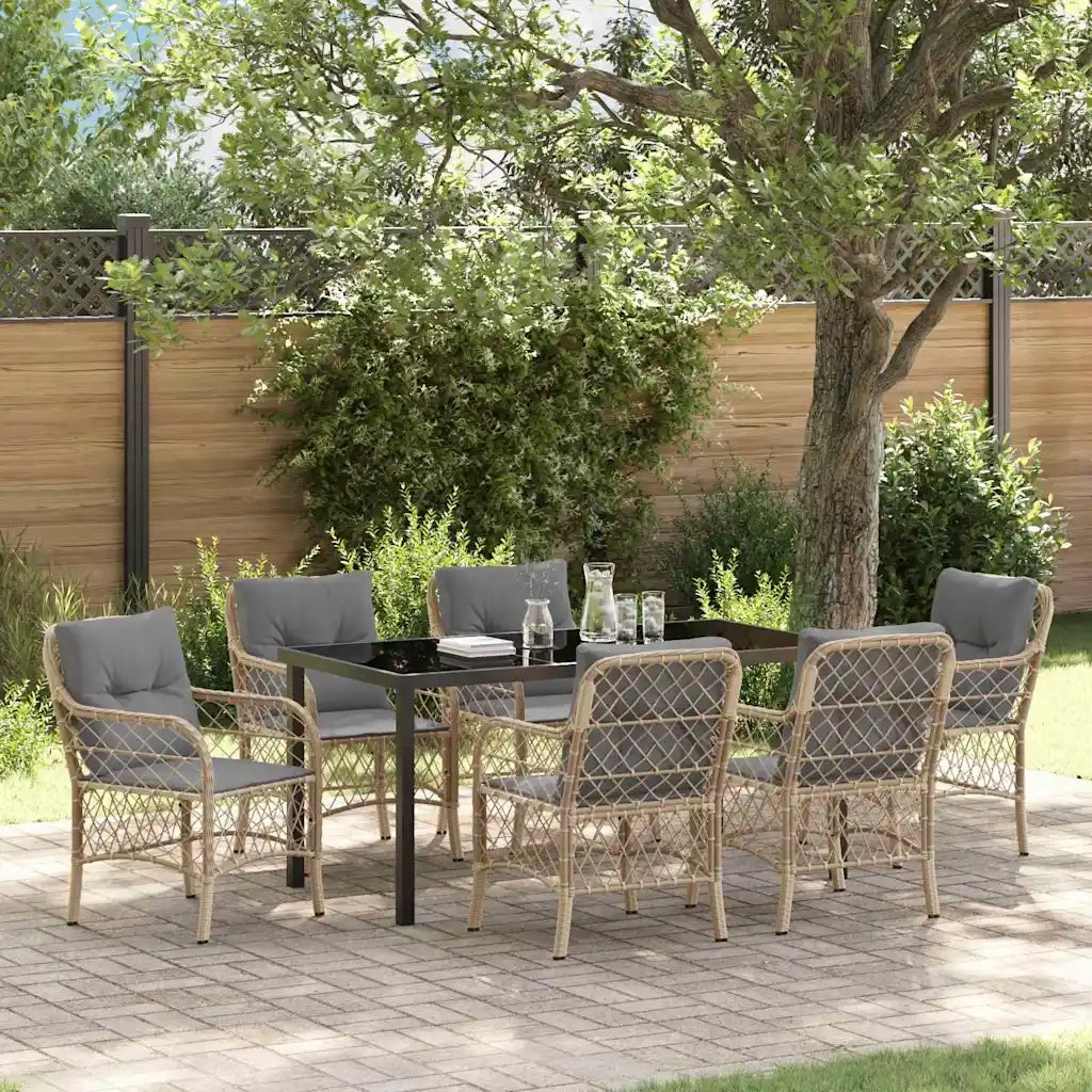 Set da Pranzo per Giardino con cuscino 7 pcs Beige polyrattan