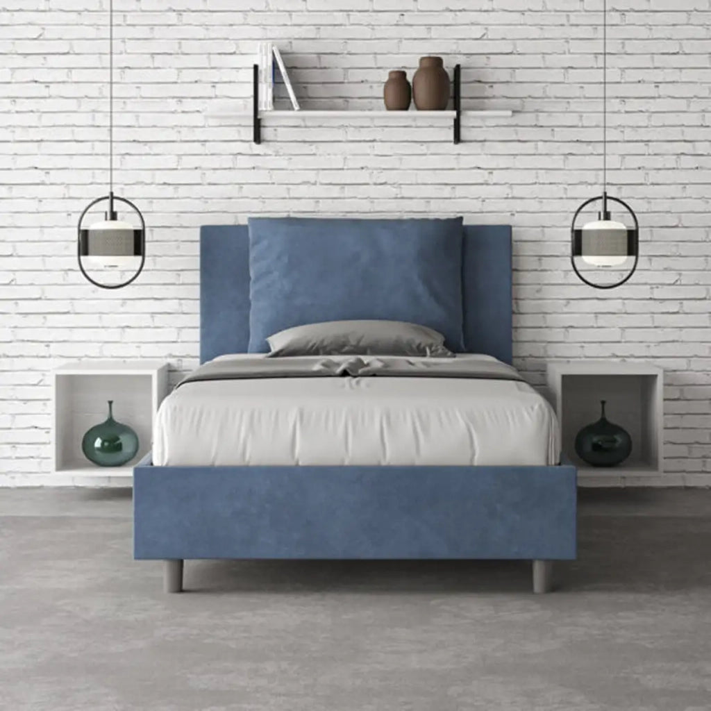 Letto una piazza e mezza con rete imbottito 120x190 microfibra blu Antea