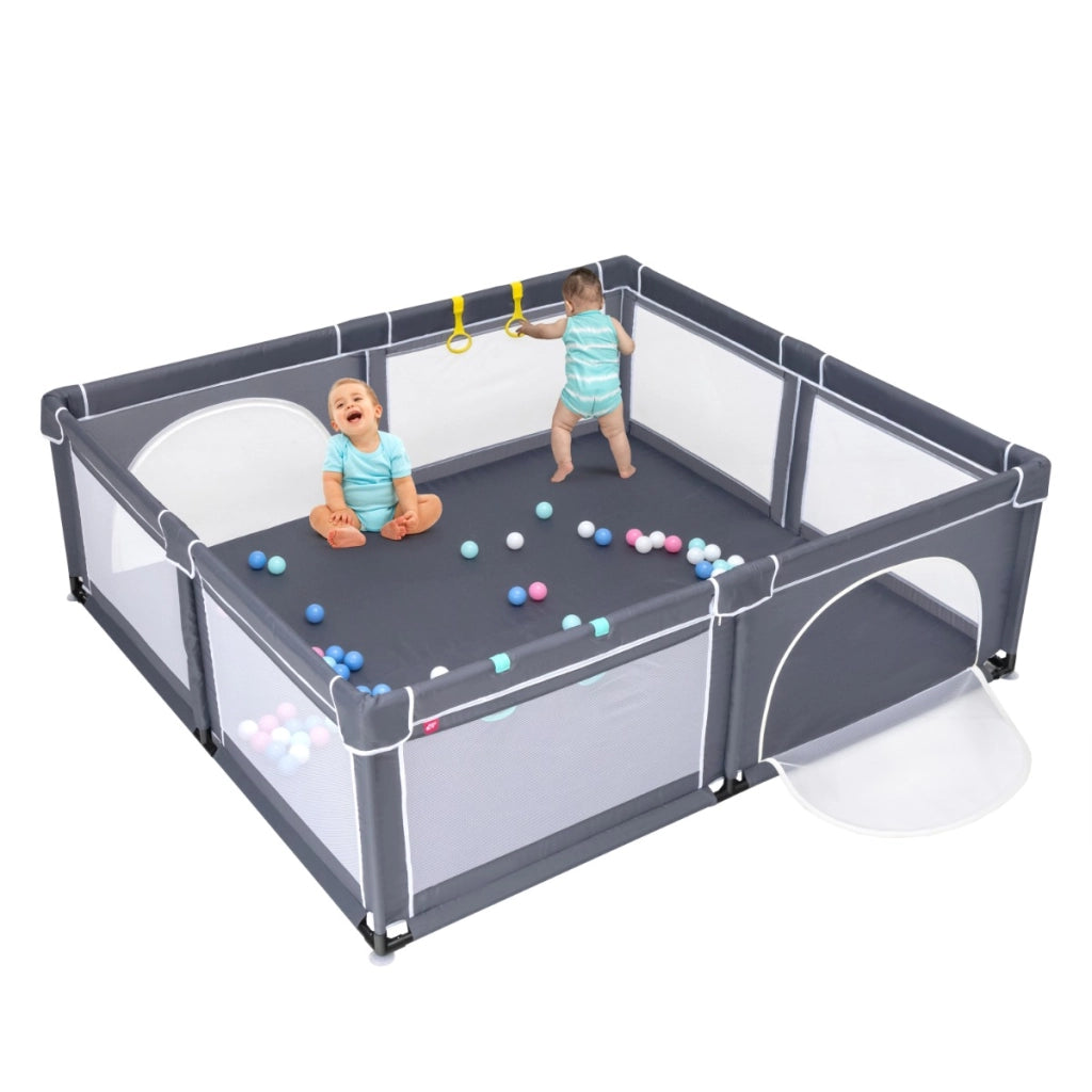 Box per bambini con cancelli di sicurezza per interno, Centro attivit¨¤ portatile 206x185,5x68cm Grigio scuro