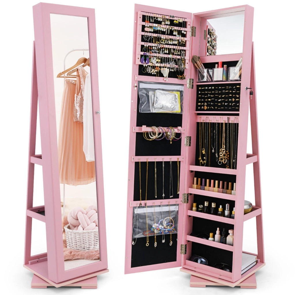 Armadio portagioielli girevole a 360¡ã con specchio, Organizer gioielli 2 in 1 a figura intera Rosa