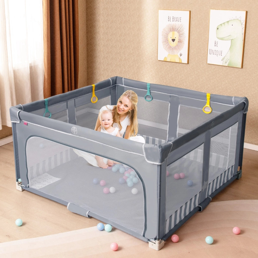 Box per bambini 150 x 150 cm senza montaggio, Recinto pieghevole per bambini con cancello con cerniera Grigio