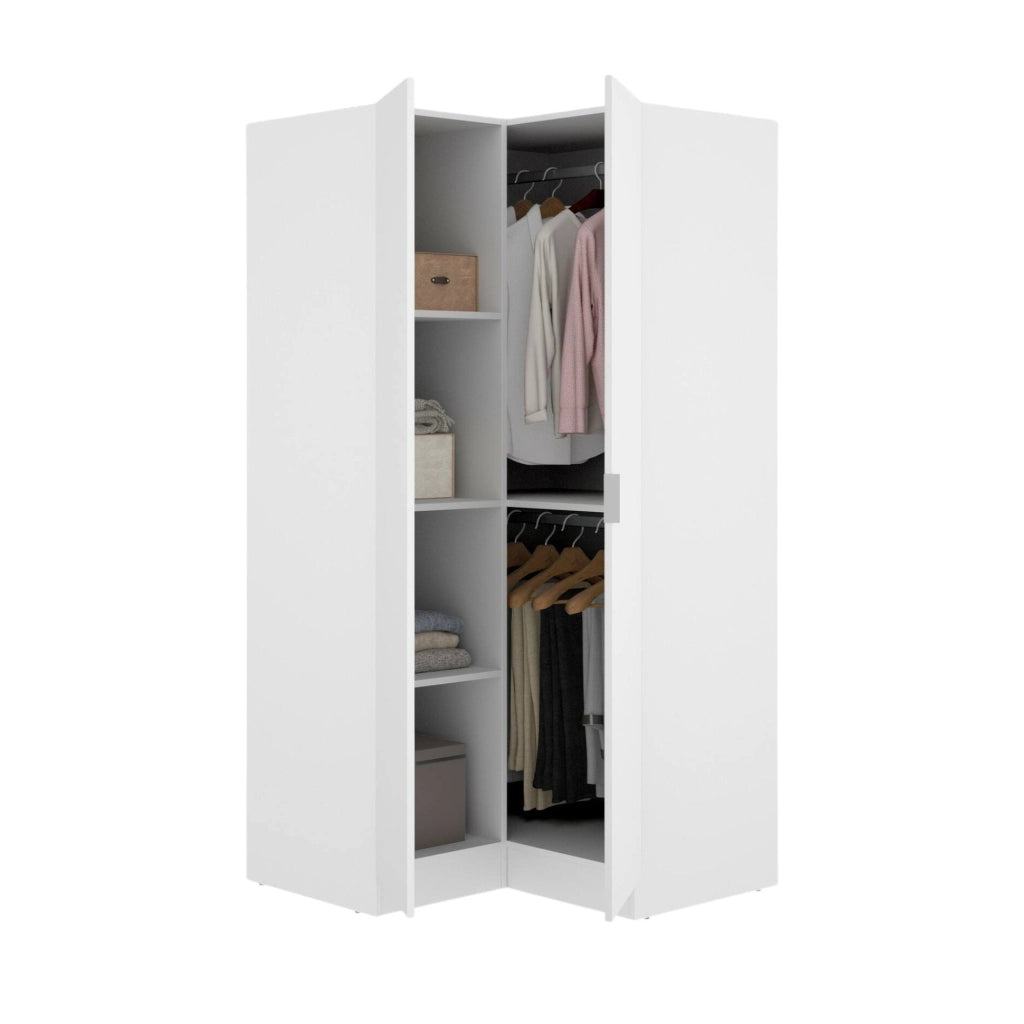 Guardaroba Aser, Mobile angolare per camera da letto, Armadio appendiabiti ad angolo a 2 ante battenti, 91x93h184 cm, Bianco