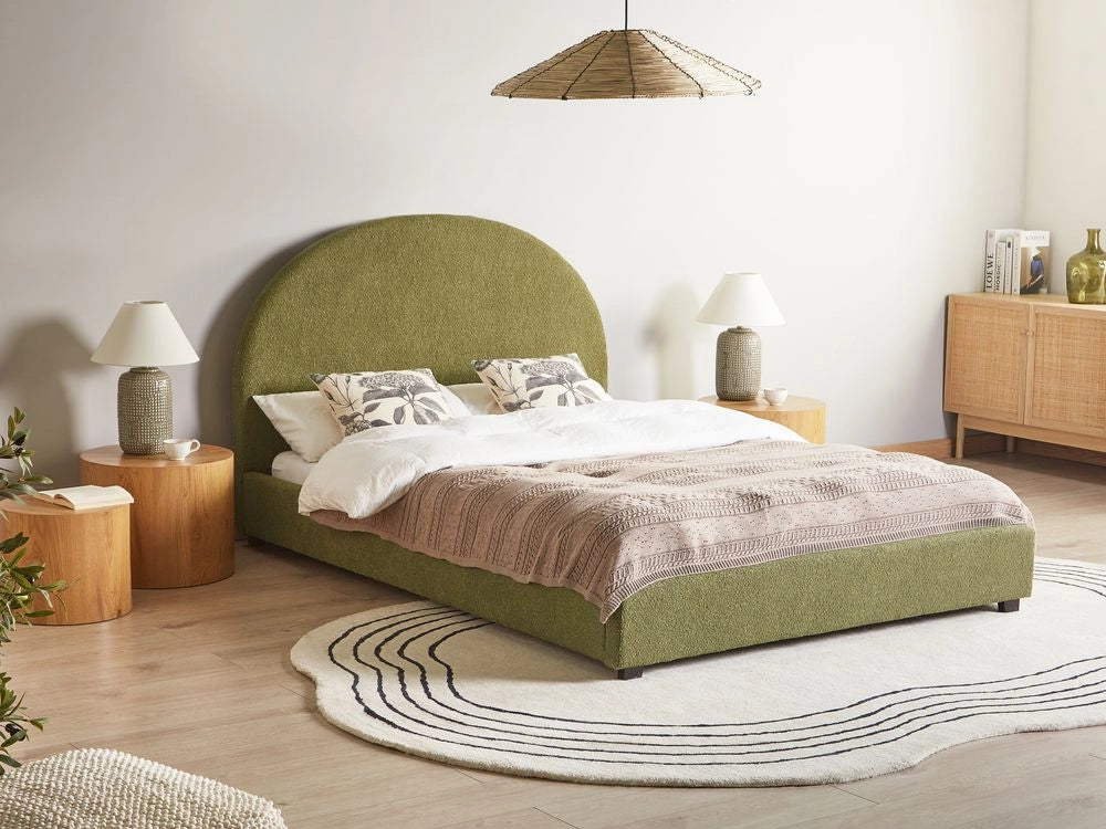 Letto con rete retro minimalista design retro bouclé verde oliva 140 x 200 cm