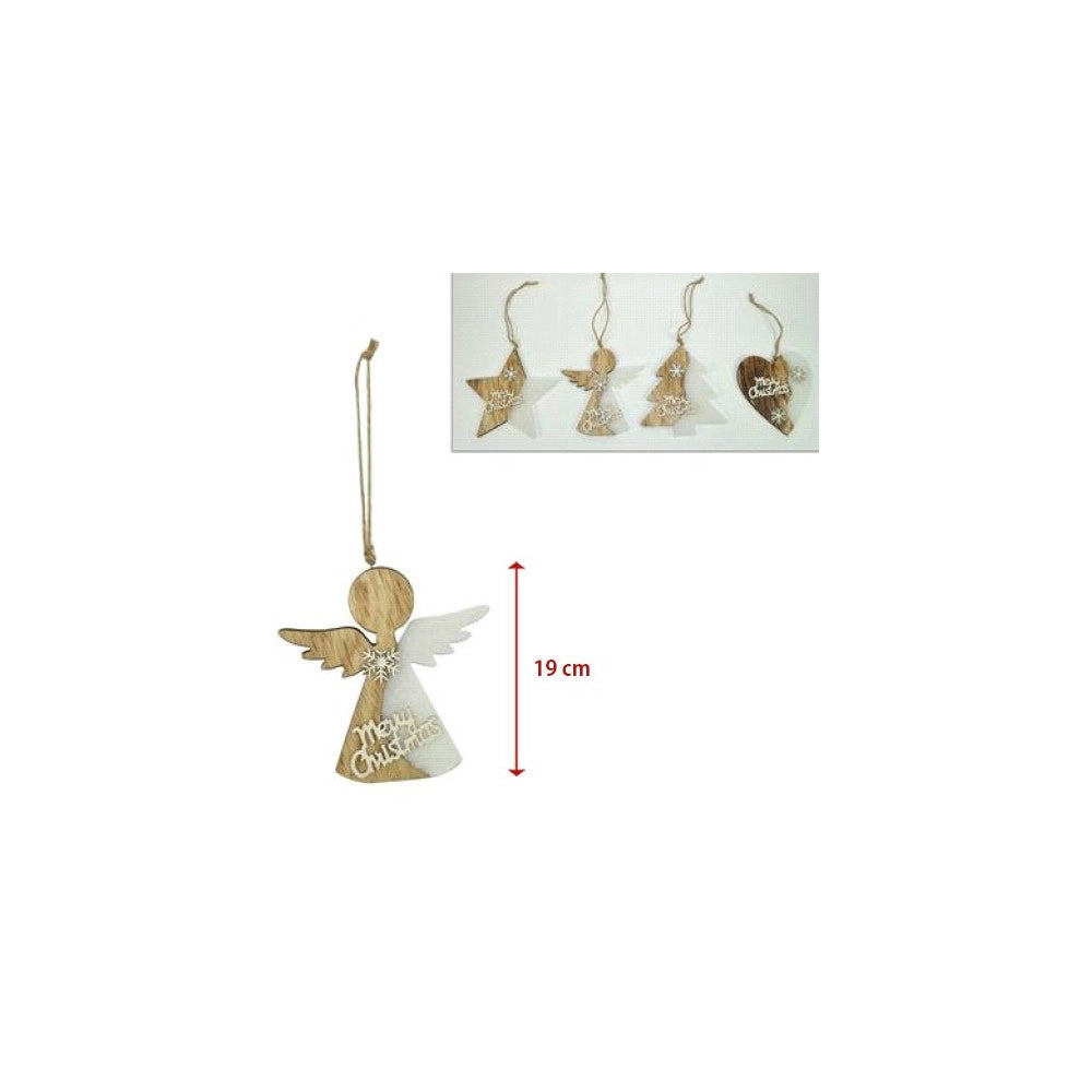 Trade Shop - 4 Appendini Natale In Legno Ovatta Forma Stella Albero Angelo Cuore Con Scritta Merry Christmas -