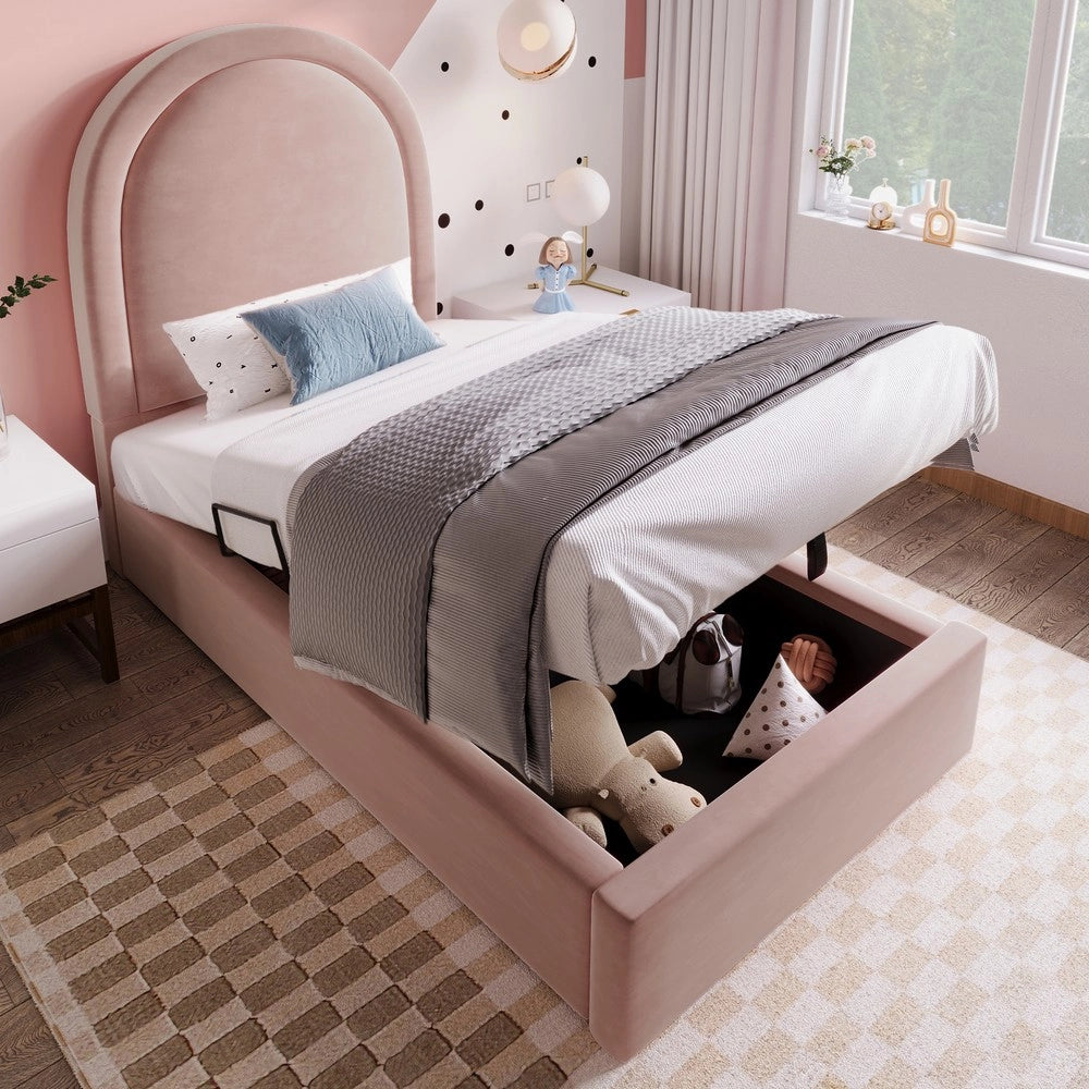Letto Singolo Imbottito per Bambini ¨C MINIMAL ¨C Rosa, Velluto, 90x200, con Materasso