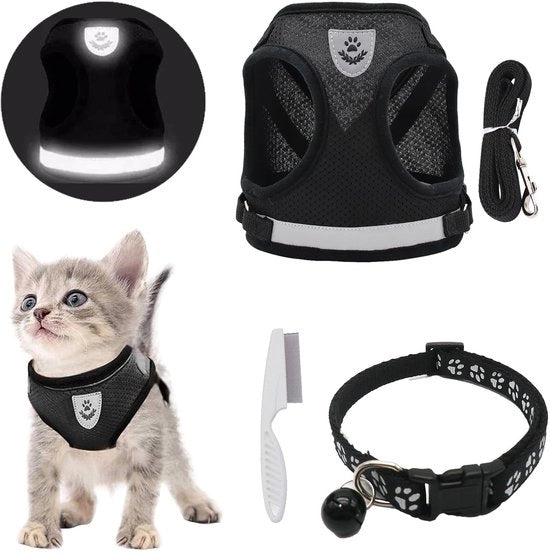 Cinturoni per gatti con cinghia - Adattabile - Anti-fuga - Strisce riflettenti - Incluso collare per gatti - Corda da traino 1,2 m - Attrezzatura per gatti