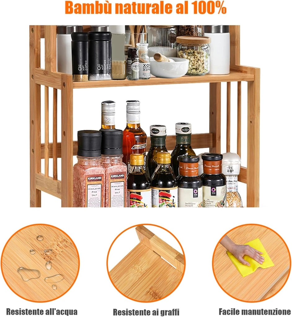 Porta Spezie a 3 Ripiani, Portaspezie Mensola per Cucina Bagno e Toletta, Organizzatore Supporto Porta Spezie in Legno bambù, Carico 20kg, 50 x 41,5 x 18 cm