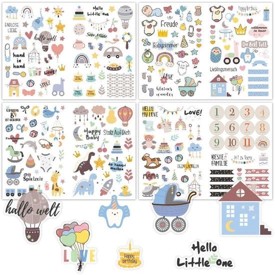 Stickers per Baby Shower, 212 pezzi/4 fogli, Stickers per Bambino Maschio, Carte di Invito per Festa di Nascita, Abbigliamento per Regali per Bambini