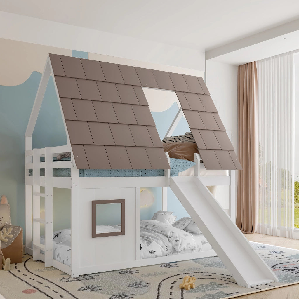 Letto a castello con tetto scala e scivolo in mdf pino e compensato 140x200 cm