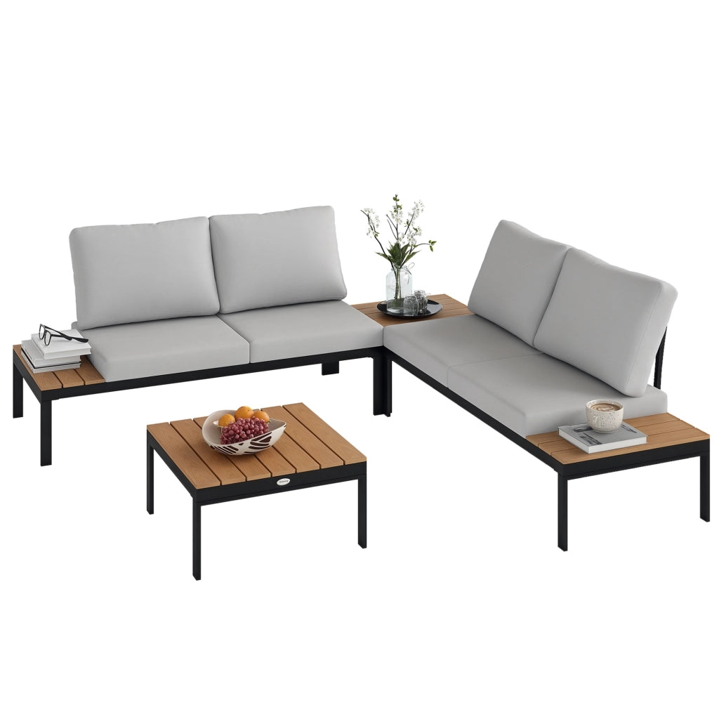 Set da Giardino 4 Pezzi con Divanetti e Tavolini ¨C zephmum ¨C Metallo, Legno Composito, Grigio Nero e Teak