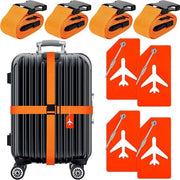 Set di cinture per bagaglio 8 pezzi - 4 cinture per valigia regolabili - 4 etichette per bagaglio in silicone con carte di identità - cinture per bagaglio - cinture per impacchettare bagaglio - accessori per viaggi - colore arancione