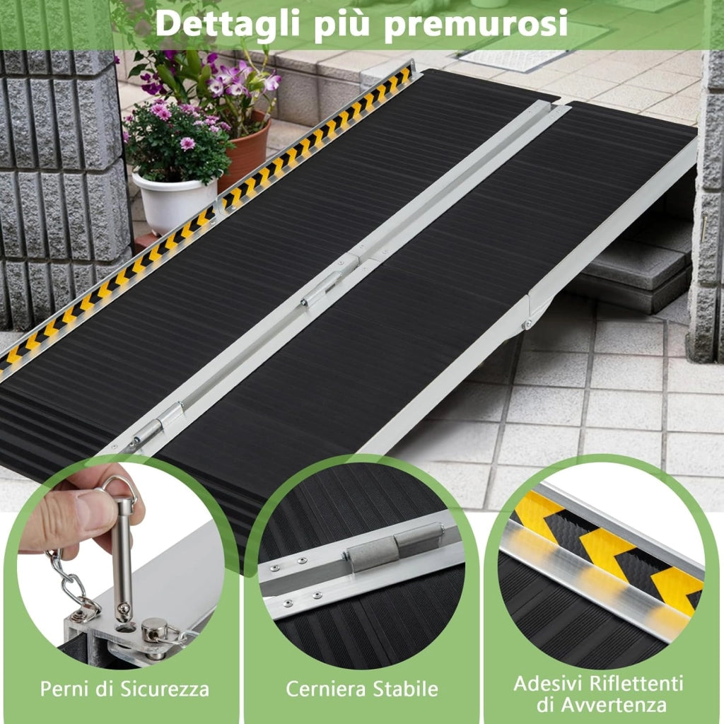 Set di 2 Rampa per Sedie a Rotelle in Alluminio, Rampa Telescopica Pieghevole con Superficie Antiscivolo, Capacità di Carico di 272 kg, per Soglie, Gradini, Scale (183 x 74cm)