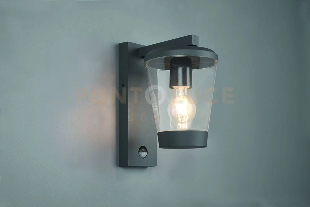 CAVADO APPLIQUE DA ESTERNO ANTRACITE CON DIFFUSORE TRASPARENTE IP44 CON SENSORE MOVIMENTO H. 28CM 1 LUCE ATTACCO E27