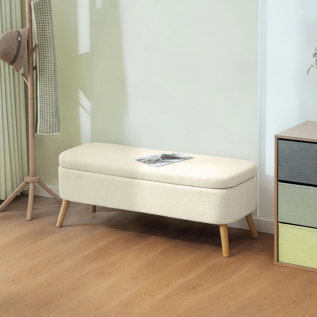 Panca contenitore con seduta imbottita ¨C Xylo ¨C Tessuto teddy beige, legno, 120x42x45 cm, 65L