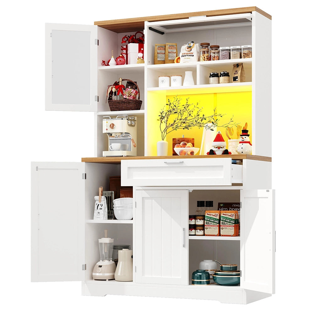 Armadio da cucina alto con vetrina - Xylo - 104x40x180 cm - Bianco/Nero - Illuminazione LED per cucina e soggiorno