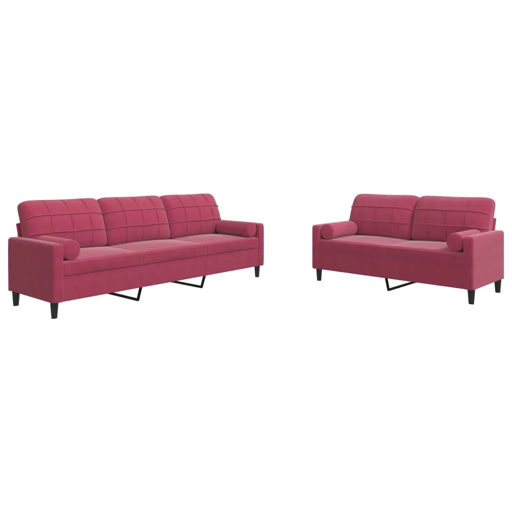 Set di Divani 2 pz con Cuscini e Rinforzi Rosso Vino in Velluto