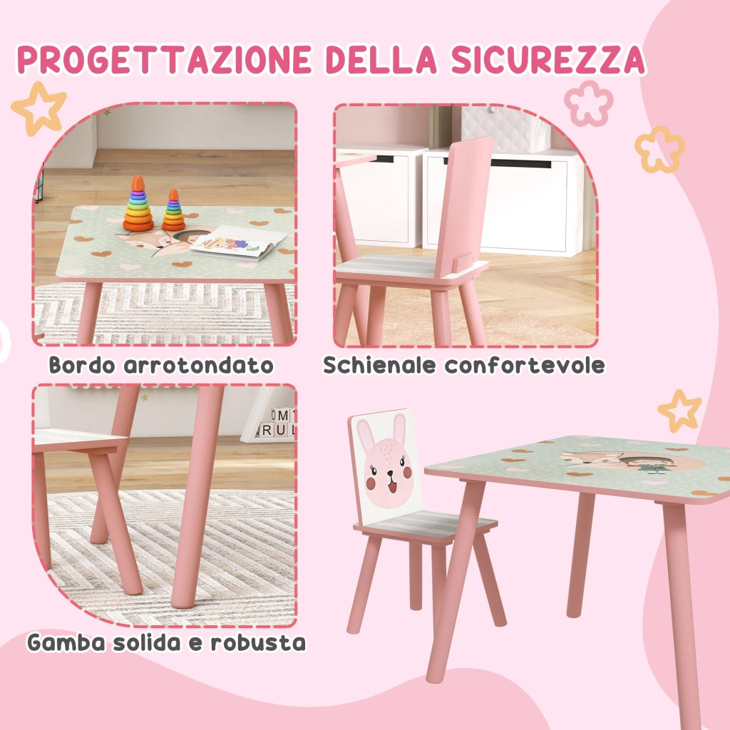 Tavolo e Sedie per Bambini ¨C Minimal ¨C Legno, Rosa, 3 Pezzi