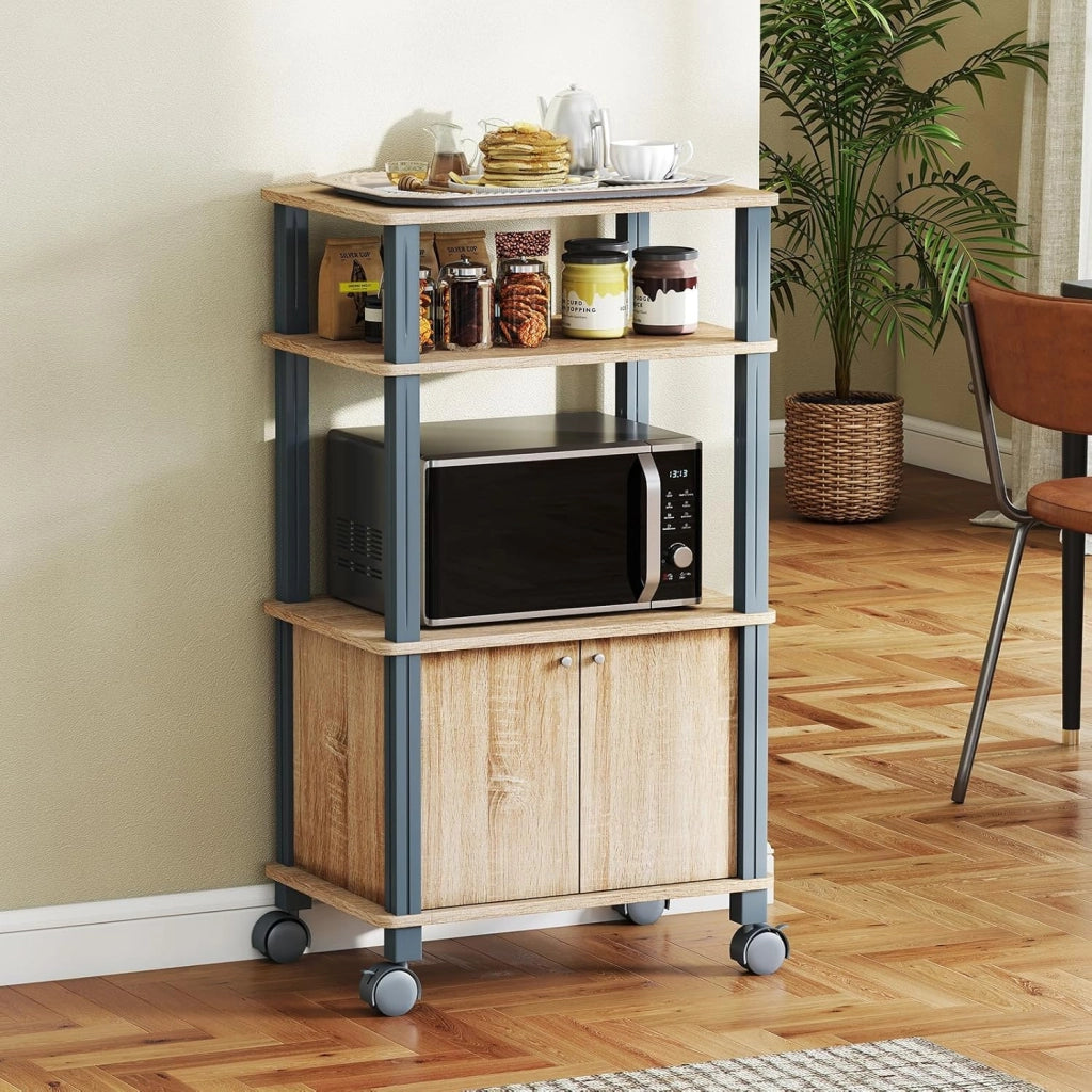 Scaffale da Cucina per Microonde Carrello da Cucina, con Ruote e 2 Ante, Multifunzionale e Movimento Flessibile, 60x40x98 cm (Naturale)