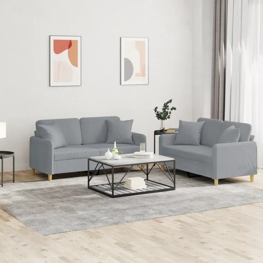 Set Divani 2 pz con Cuscini Grigio Chiaro in Tessuto