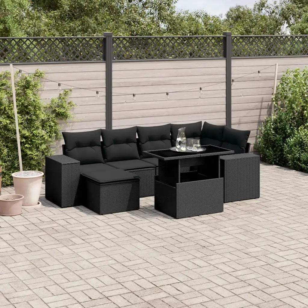 Set Divani da Giardino con Cuscini 7pz Nero Polyrattan