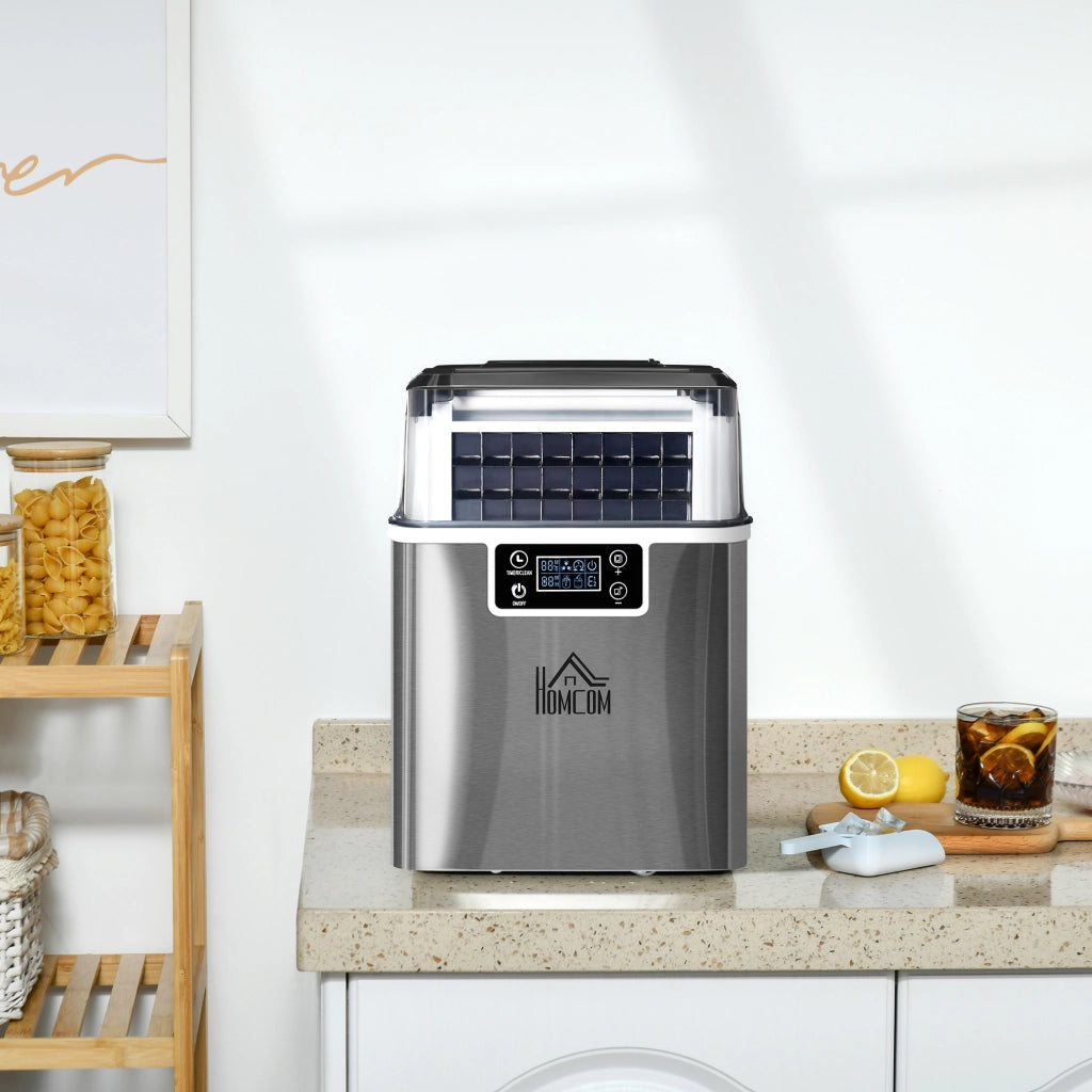 EasyComfort Macchina Ghiaccio 20kg in 24 Ore, 24 Cubetti in 14-18 Minuti con Dimensione Regolabile, Serbatoio 3.2L e Sistema Autopulente, Argento