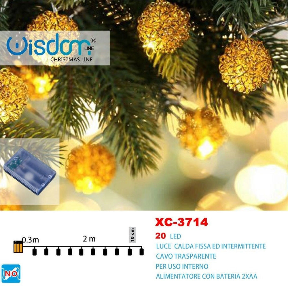 Trade Shop - Catena Luminosa Palline 20 Led A Batteria Luce Calda Fissa+intermittente Xc-3714 -