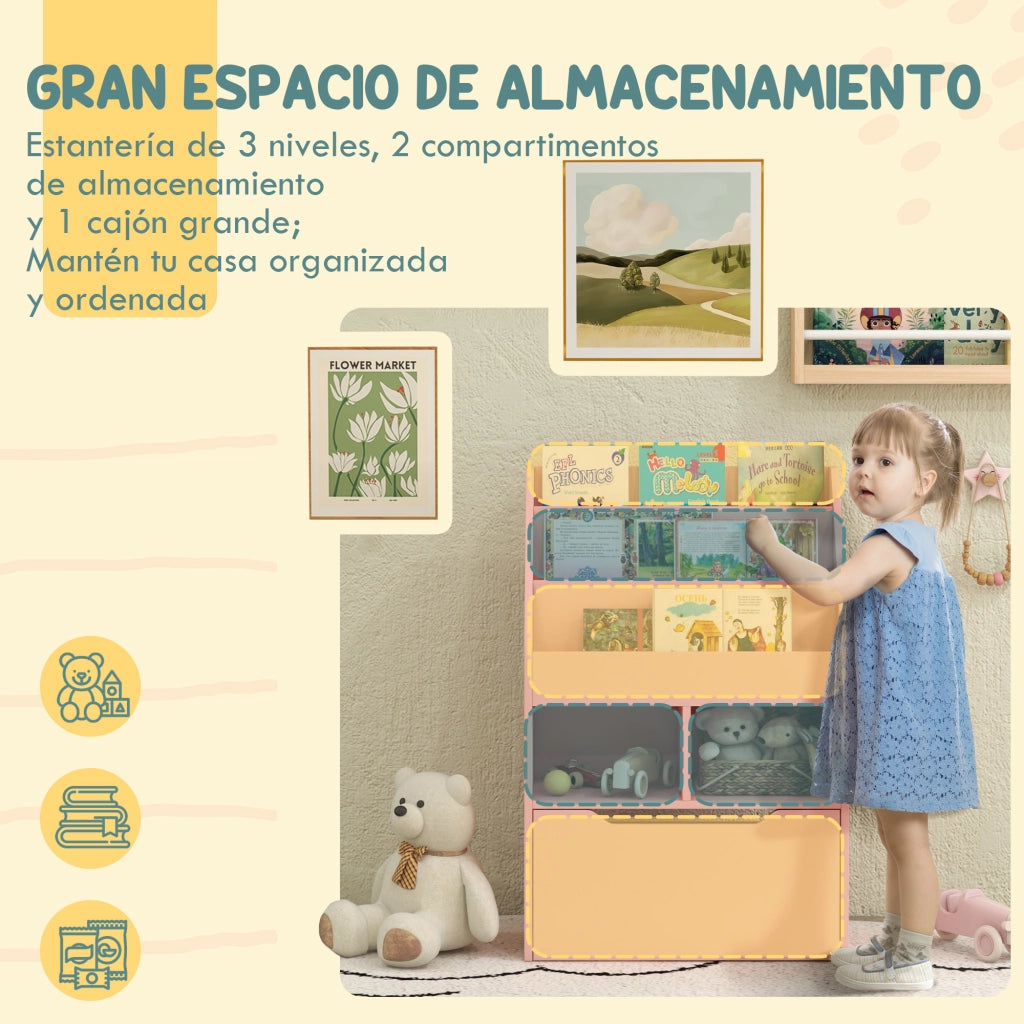 Libreria per Bambini con 3 Ripiani, 2 Cubi e Cassetto con Ruote ¨C Minimal ¨C Rosa 60x30x90 cm