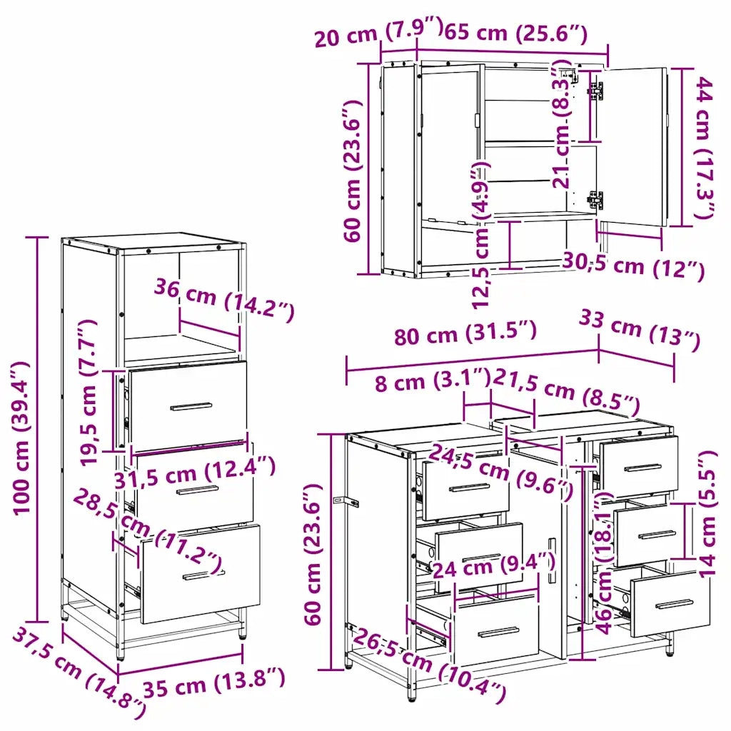 Set di mobili per il bagno con cassetto 3 pcs Legno vecchio 3402494