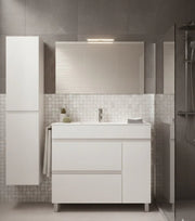 Mobile Bagno FENRIR Già Montato 2 cassetti e porta con piedini, lavabo e specchio Bianco lucido 70x45 cm con colonna