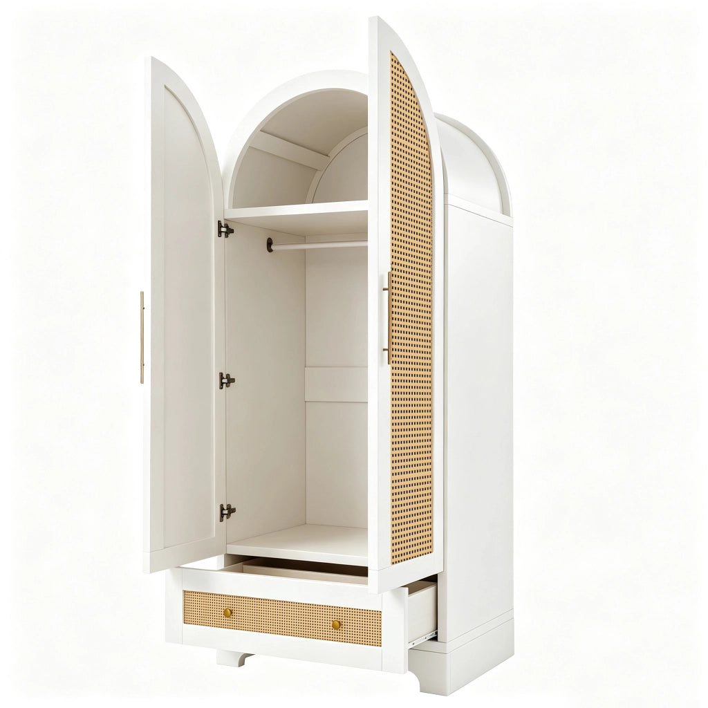 Armadio a 2 ante con 2 cassetti e 1 ampio vano; frontale effetto rattan; per camera da letto; bianco; 70 × 55 × 170 cm