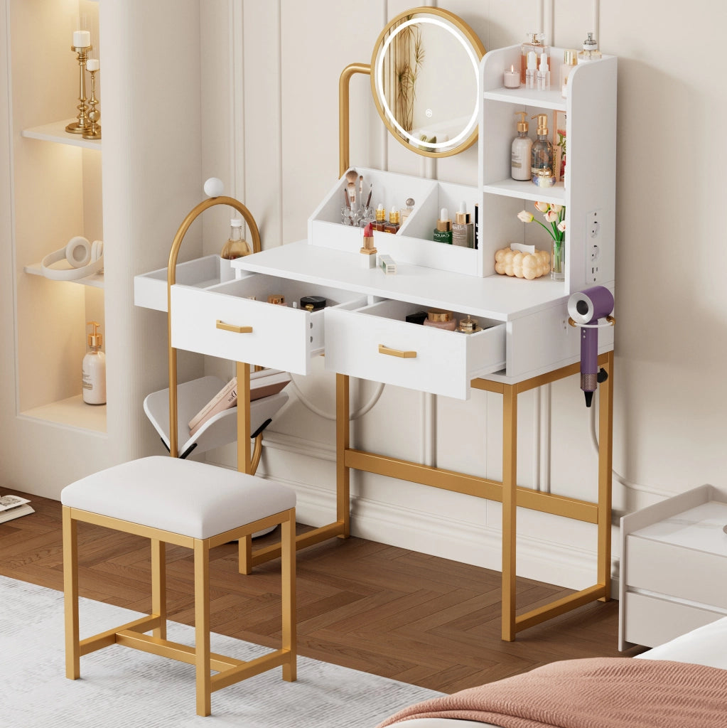 Toeletta bianca e oro con specchio LED, prese USB e sgabello