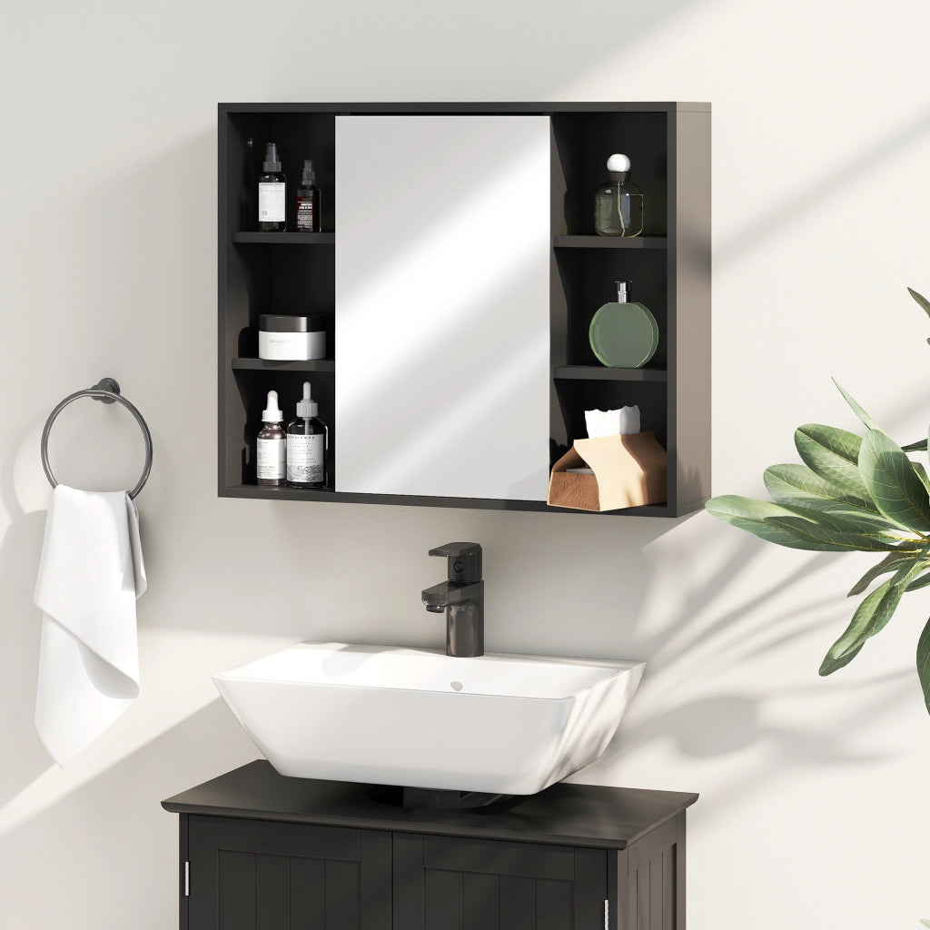 Mobiletto da bagno con specchio, ante e 6 scomparti aperti ¨C Minimal ¨C Nero 60x14.5x49.4 cm