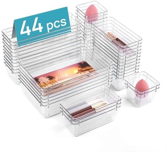 Organizzatore per Scrivania - 44 Pacchi Scatole in Plastica Translucida per Trucchi, Camera da Letto, Cucina, Gadget