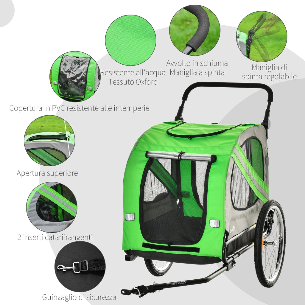 Carrellino Rimorchio per Cani e Animali Domestici da Bicicletta  in Acciaio e Tessuto Oxford Verde