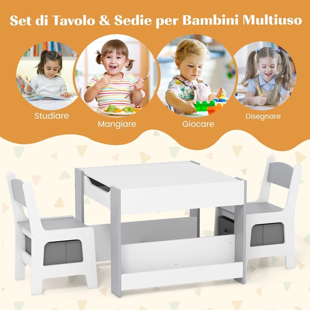 Set Tavolino Bambini con 2 Sedie per 3+ Anni, Tavolo e Sedie 4 in 1 con Lavagna Rimovibile, Librerie e Scatola in Tessuto, Mobile Salvaspazio per Scuola, Asilo e Cameretta (Bianco e Grigio)