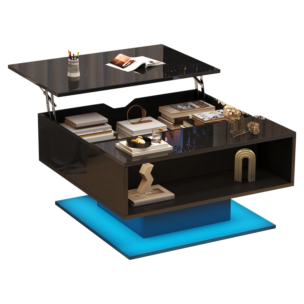 OKWISH Tavolino da Salotto Alzabile con Vano Contenitore e Spazio Semiaperto, LED, per Soggiorno, Pannello di Particelle, Nero, 80 x 75 x 40 cm
