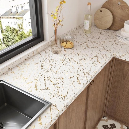 Foglia autoadesiva per mobili - Aspetto marmo - Bianco oro - 60 cm x 300 cm