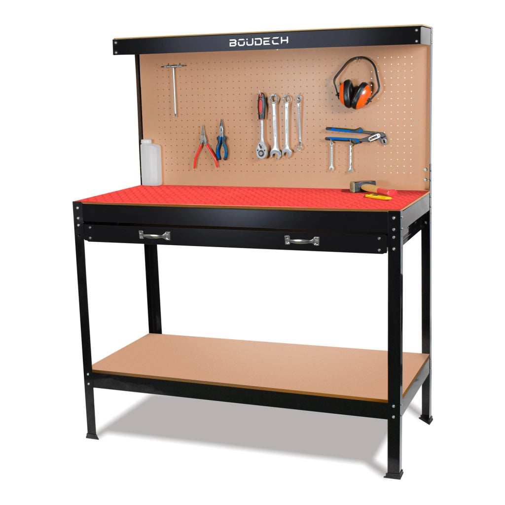 Banco da lavoro porta utensili in metallo con parete e cassetti officina 120x60cm + 2 cassetti e 2 mensole porta utensili + Tappetino