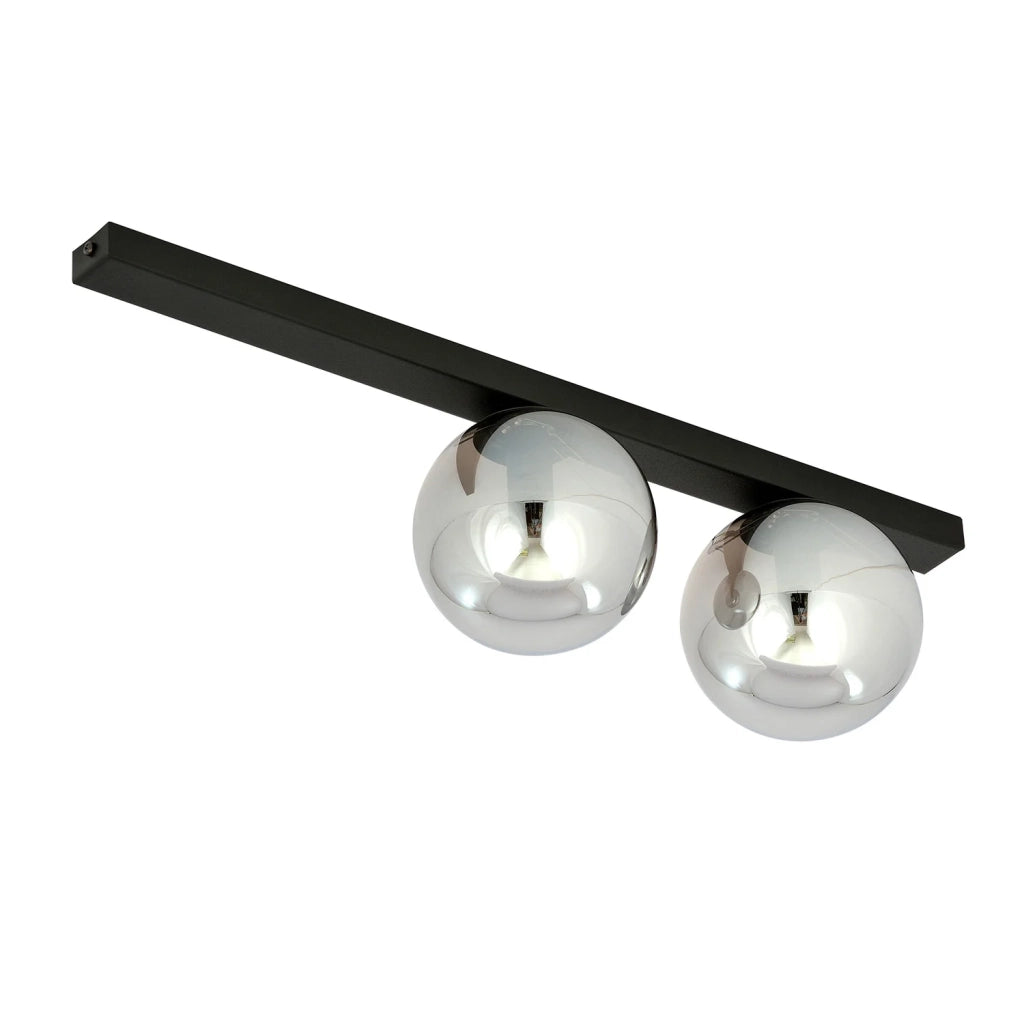 Plafoniera Moderna 2 Luci Giapeto Barra In Acciaio Nero E Sfere Di Vetro Fumè