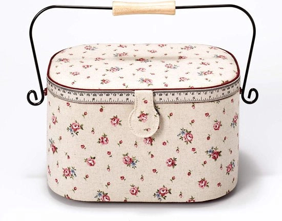 Cassa da maglia con maniglia Country Rose - Tavolo da cucito con maniglia - Materiale lino Metallo Legno - Colore avorio - 30x205x19 cm. Cassa da maglia