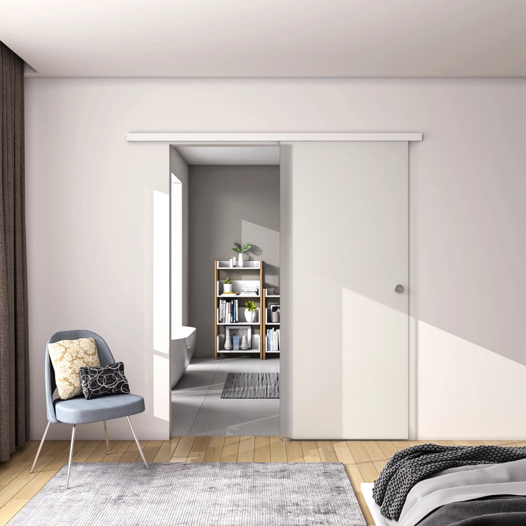 105x225 cm Porta Scorrevole in Vetro da 8 mm Temperato Opaco con Pellicola Anti-frantumi con Binario in Alluminio Bianco Verniciato