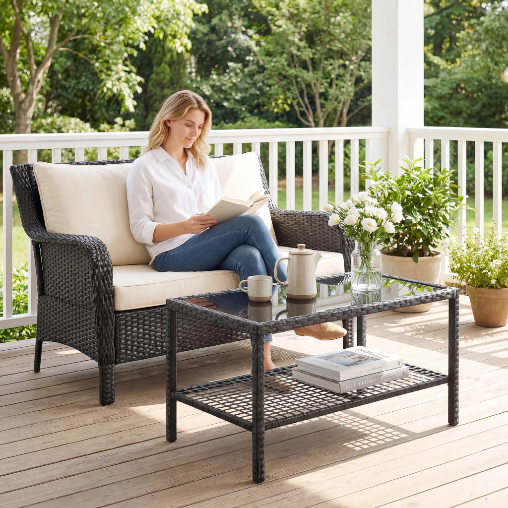 Tavolino da giardino in rattan con piano in vetro e struttura in acciaio ¨C Minimal ¨C Nero 92x50x45 cm