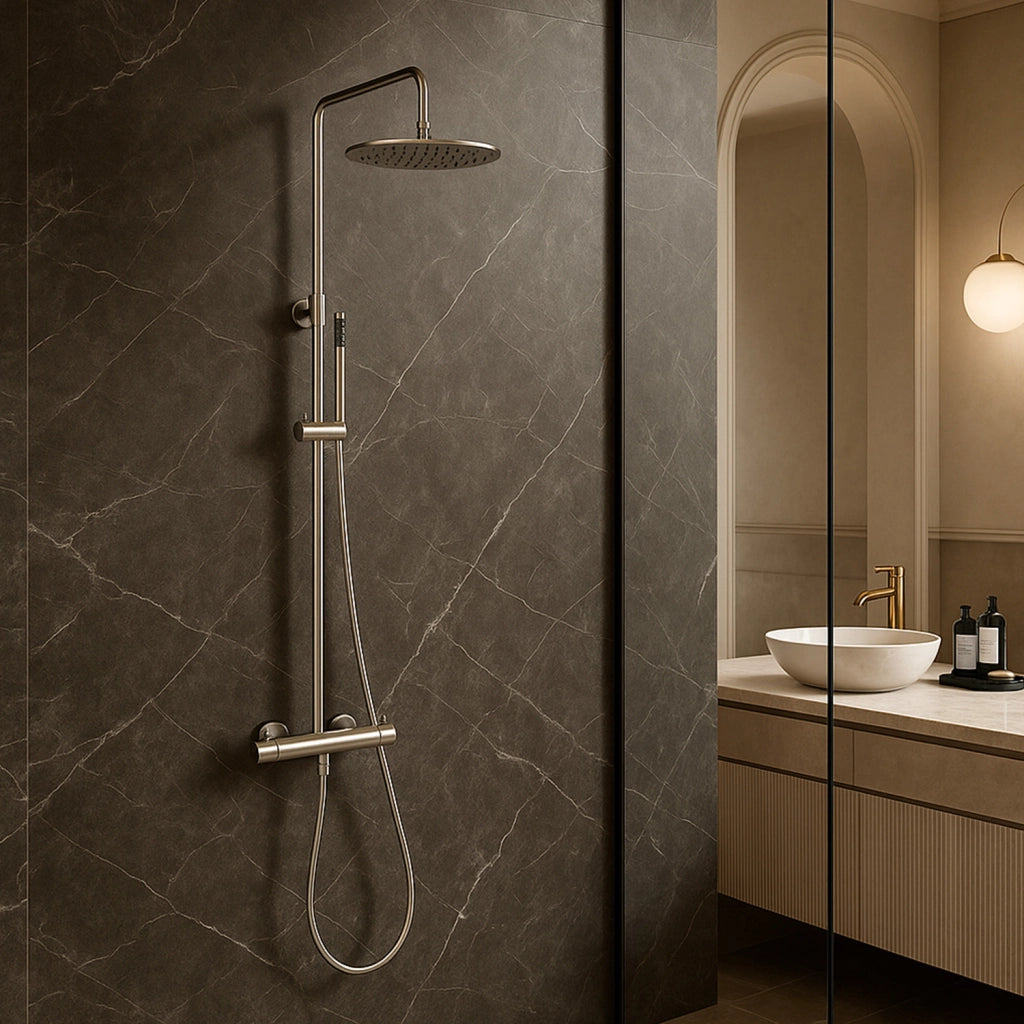 SINED Doccia da Parete Inox Satinato in Acciaio 316L adatta per interno ed esterno con ingresso acqua calda e fredda doppio miscelatore e soffione da 25 cm - Modello Levante