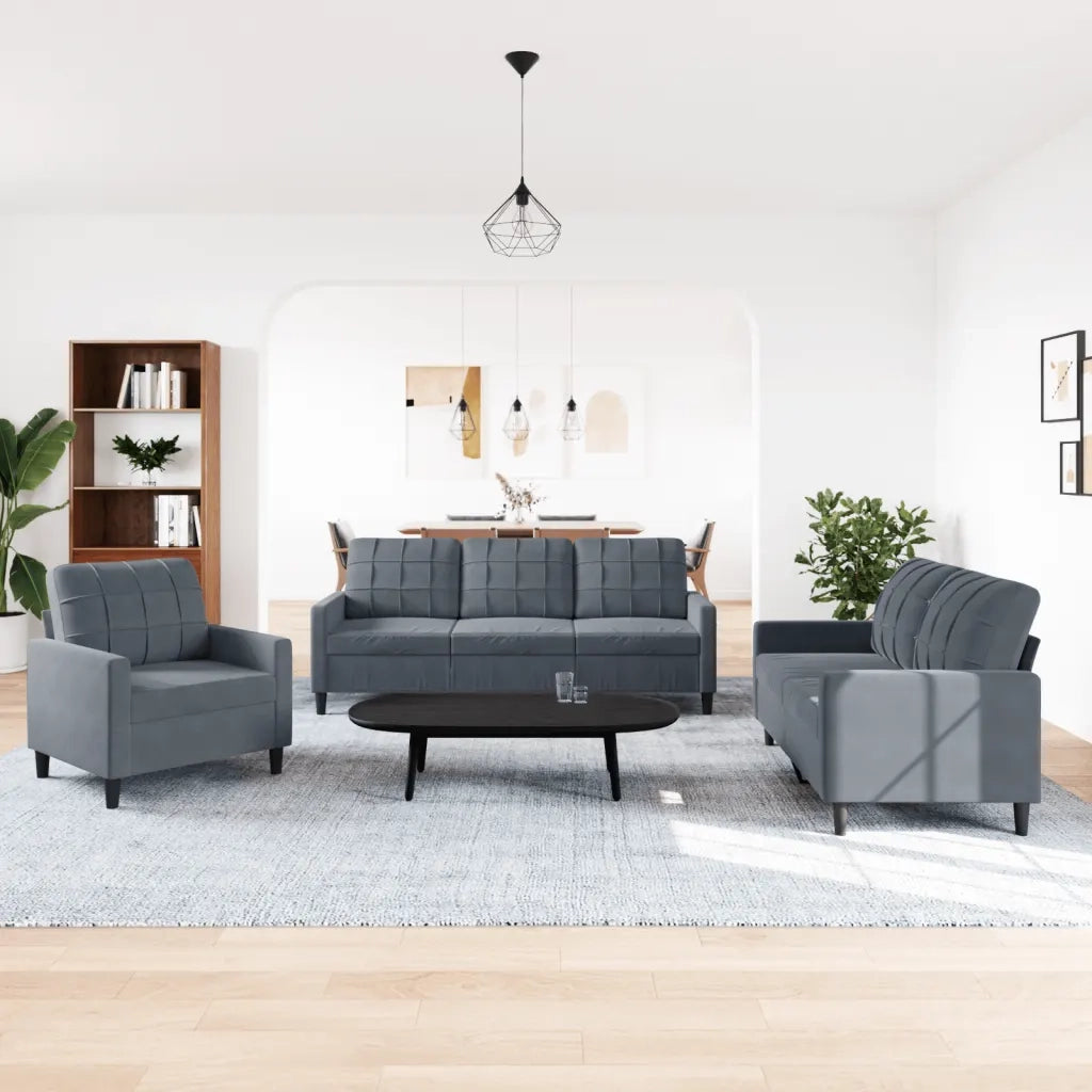 Set di Divani 3 pz con Cuscini Grigio Scuro in Velluto