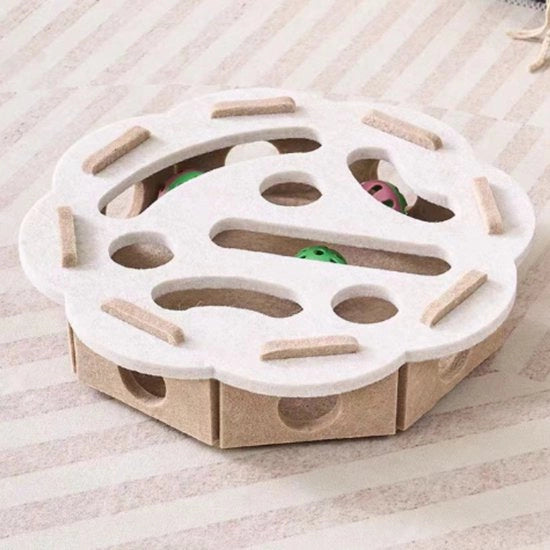 Giocattolo interattivo per gatti, labirinto con puzzle e gatto, pallone con campanello, scatola da scavare, tunnel di velluto, strumento di autodistrazione - beige rotondo
