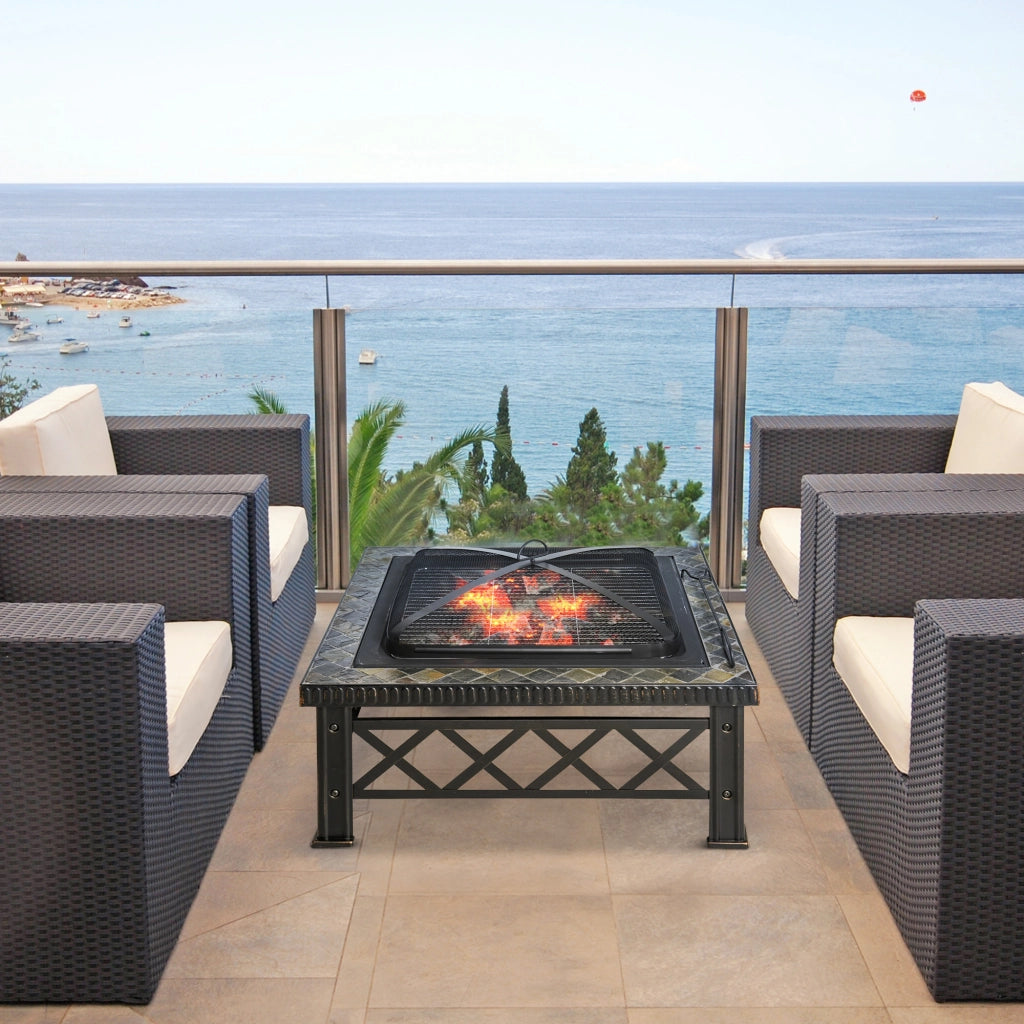 Braciere da Giardino con Griglia e Coperchio ¨C Minimal ¨C Nero 76x76x47cm
