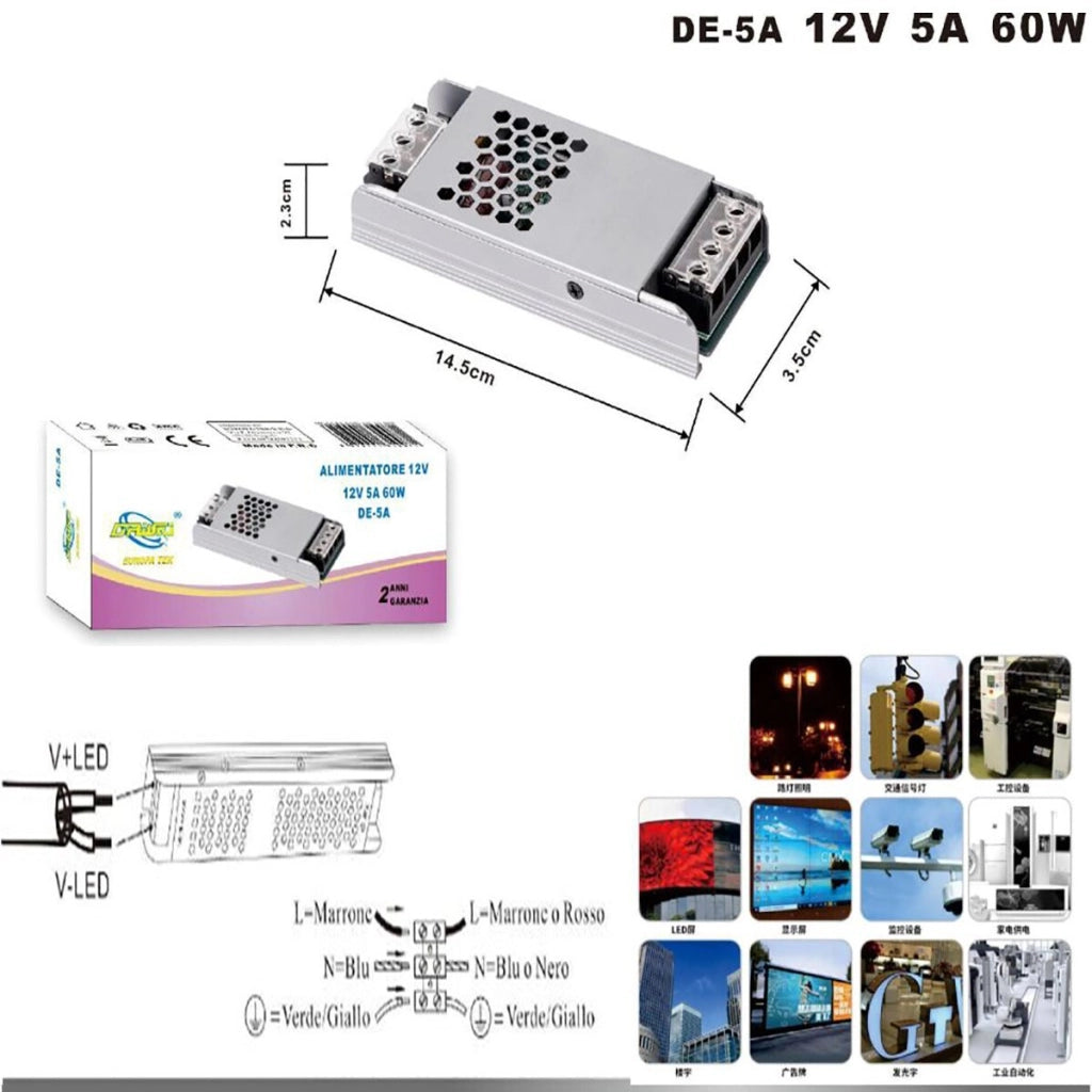 ALIMENTATORE TRASFORMATORE 12V PER STRISCIA TELECAMERE LED STABILIZZATORE 60W 5A
