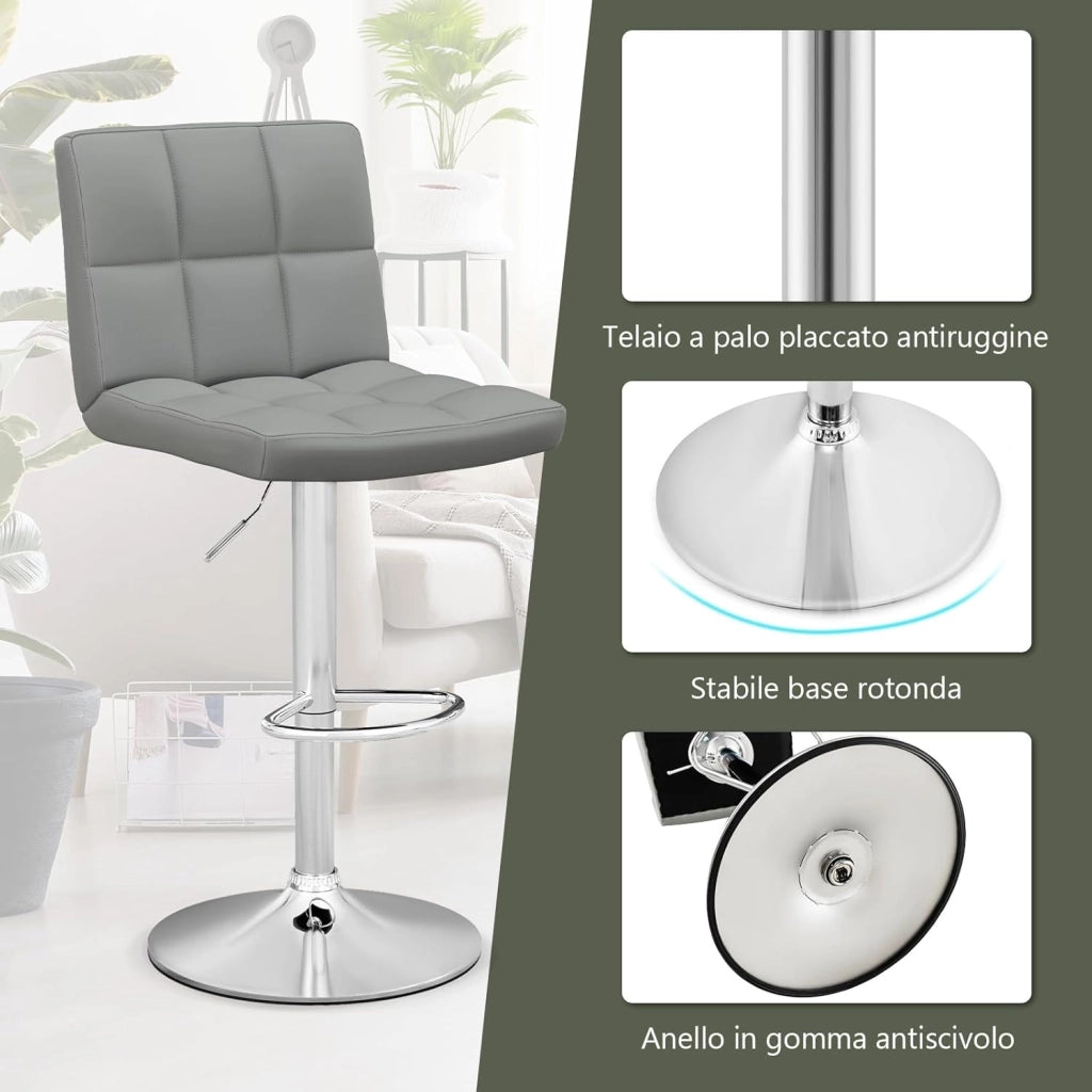 Sgabello Regolabile in Altezza in Ecopelle, Sgabello Cucina Girevole a 360° con Poggiapiedi e Base Metallica Antiscivolo, Sedia Portata 150 kg per Sala da Pranzo e Penisola Cucina (Grigio,1)